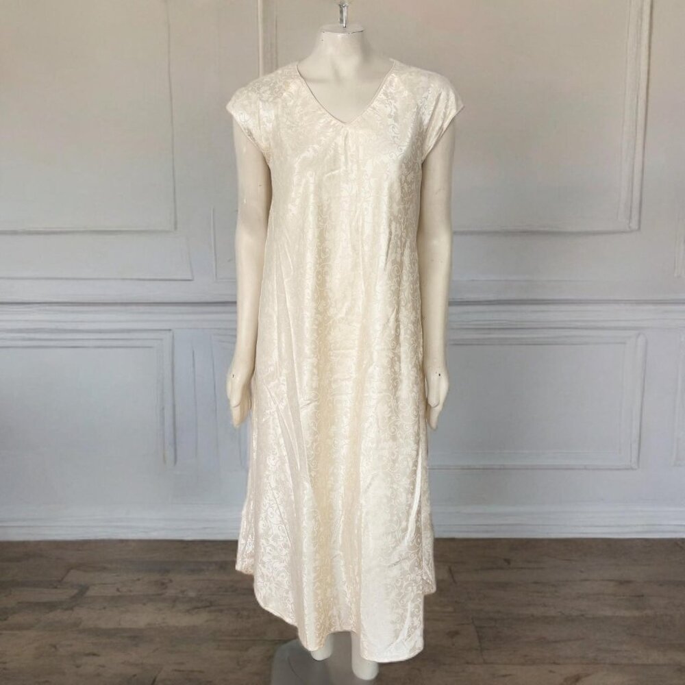 VTG 90s LA INTIMATES Floral Jacquard Cap Sleeve Satin Midi Dress in Cream SZ 10